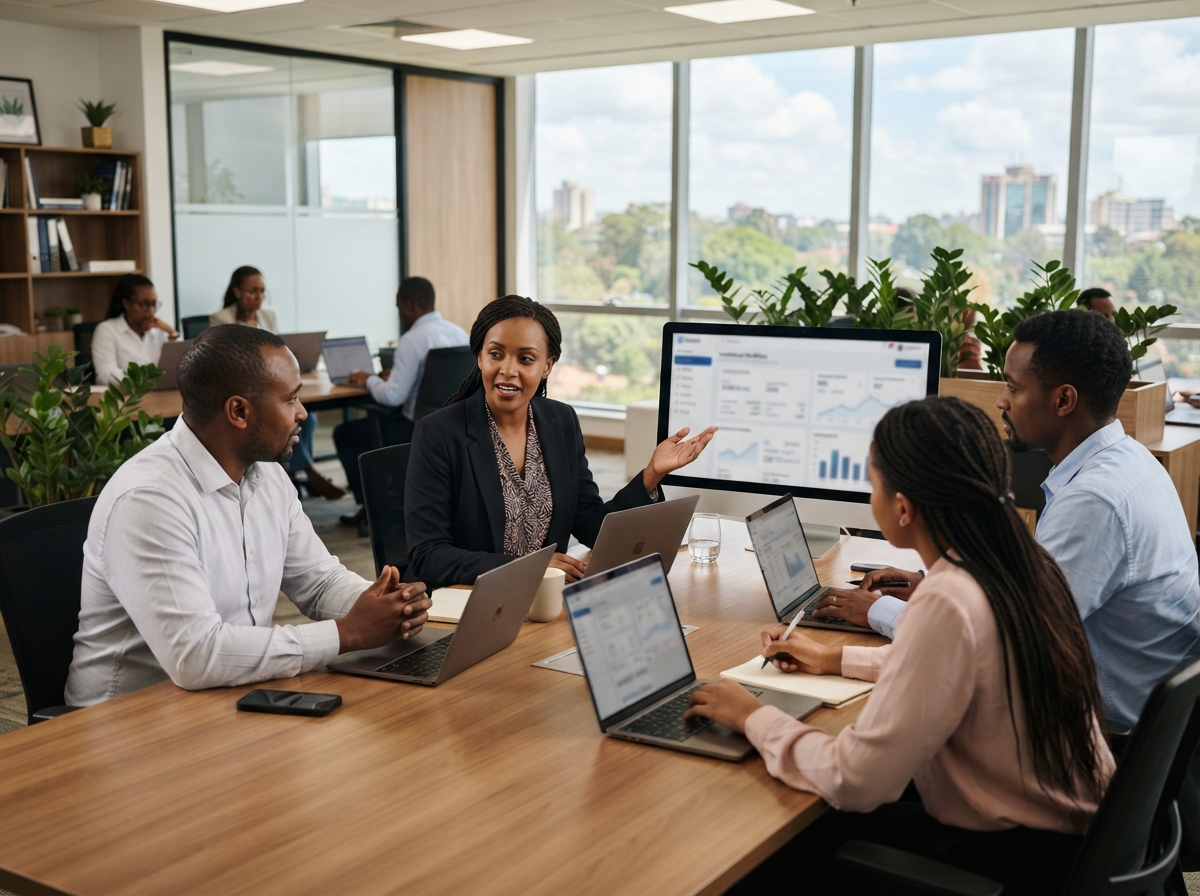 Safaricom Capital analyst reviewing predictive data models on a workstation